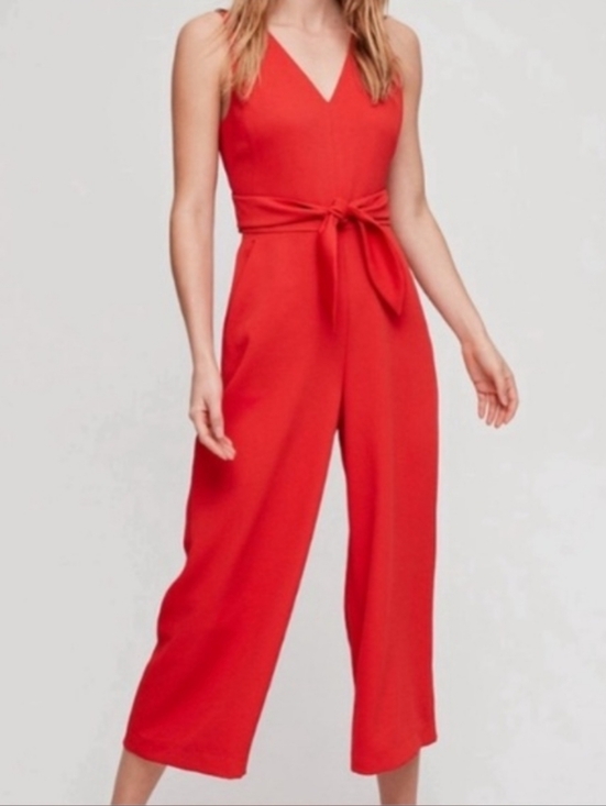 Wilfred Pants - Wilfred Aritzia Red Wide Leg Jumpsuit Size 4 Tie Back V Neck Cropped Office